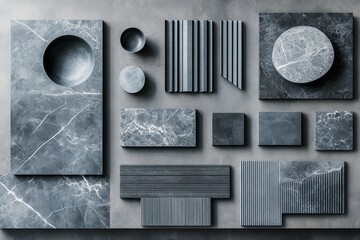 Poster - Various marble textures and shapes arranged artistically on a gray surface showcasing intricate patterns and finishes