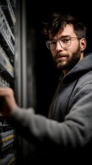 Poster - Control engineer adjusting a panel of switches and circuit boards