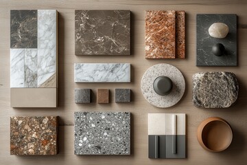 Poster - Various marble textures and shapes arranged artistically on a gray surface showcasing intricate patterns and finishes