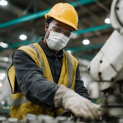 Poster - Factory worker operating a robotic arm on an assembly line with safety gear