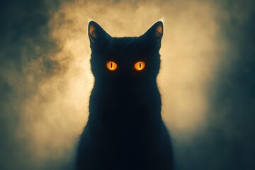 Poster - Black cat gazes at glowing lights during twilight in a city setting, highlighting its striking silhouette and enchanting eyes