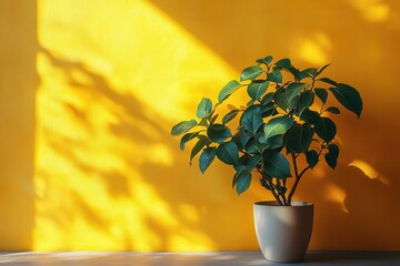 Aufkleber - Decorative indoor plant enhances bright space with vibrant yellow wall and intricate shadows creating a lively atmosphere