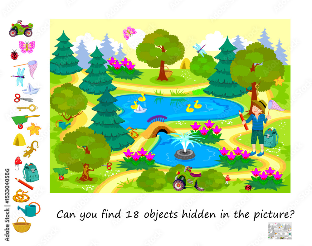 Can you find 18 objects hidden in the picture? Logic puzzle for ...