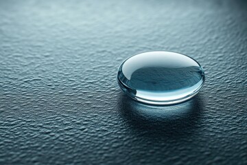 Poster - Water droplet resting on a textured surface reflecting light and creating intricate patterns during a calm indoor setting