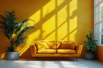 Poster - Stylish yellow sofa in a bright room with large windows and lush green plants during midday sunlight
