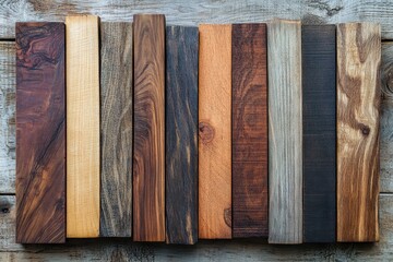 Poster - Wood samples showcasing a variety of textures and colors on a rustic wooden surface in natural light