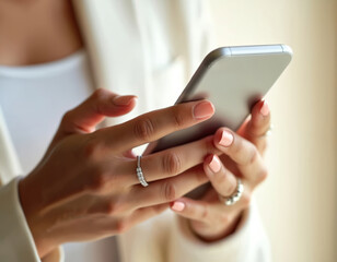 Poster - Close-up shot of female hands holding smartphone. Hands with fresh manicure, elegant rings interact with modern gadget. Tech, mobile device communication, connection, lifestyle concept.