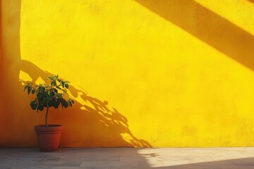 Aufkleber - Bright yellow wall with a small potted plant casting shadows in a sunny outdoor space during daylight hours