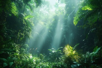 Poster - Dense tropical forest filled with lush green foliage and mist, showcasing nature's vibrant beauty during early morning hours