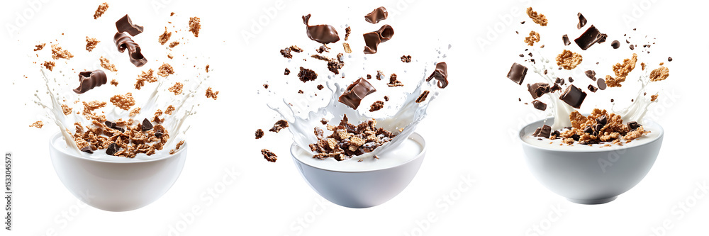 Exploding Cereal Explosive Cereal and Milk Splashes in Bowls on Transparent Background ...
