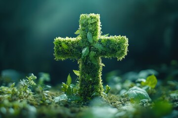 Poster - Symbol of faith created from lush green foliage illuminated by soft rays of sunlight in a serene forest setting during the early morning hours