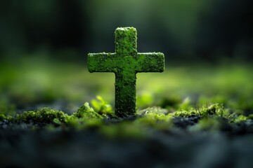 Poster - Symbol of faith created from lush green foliage illuminated by soft rays of sunlight in a serene forest setting during the early morning hours