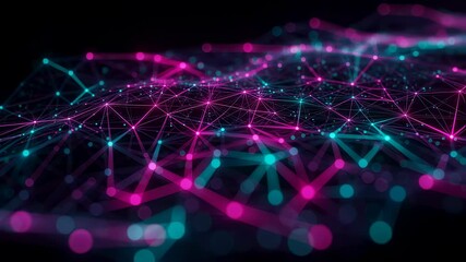 Poster - Abstract neural network of glowing pink and blue connected dots. Digital technology, blockchain, data science, and big data visualization footage.