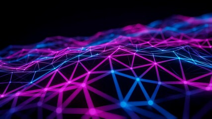 Poster - Glowing neon network grid. Abstract plexus structure and geometric shape. Technology connection, digital data, and science concept footage.