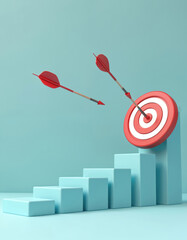 Fototapete - Dartboard, arrows, bar graph illustrating business growth, target achievement, objective concept. Arrows hit target goal. Business, finance, investment success, market, marketing, planning, strategy,