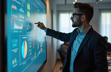 Fototapete - Business man in formal suit points chart data on digital interactive whiteboard screen during business presentation meeting. Speaker explains financial market analytics. Modern business conference