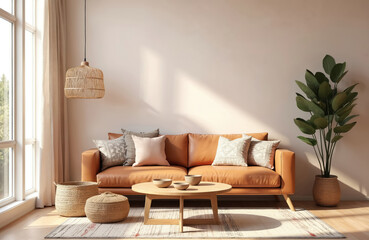 Poster - Warm boho living room with peach fuzz color palette. Stylish sofa with cushions wooden coffee table cozy atmosphere. Modern decor, inviting home interior design with rug plant. Comfortable space.