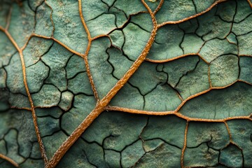 Poster - Close-up view of a green leaf depicting intricate textures and patterns in a vibrant natural setting during daylight hours