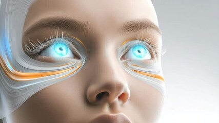 Poster - A close-up of the eyes and eyelashes on an AI robot, with white skin, blue irises glowing in their eye sockets, and visible light beams around them. The background is pure white. 