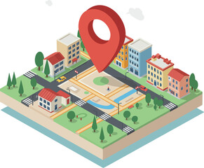 Wall Mural - urban city block map with buildings and large location marker vector illustration