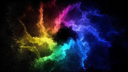 Poster - Colorful rainbow particle cloud expanding across dark background. Abstract fluid flow concept for creative art visualization and digital design footage.