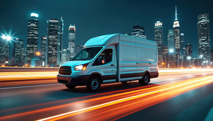 Poster - White delivery van in motion at night with light trails against skyscrapers background. Vehicle on road, fast urban transportation concept. Commerce, logistics, speed, modern city lights at night.