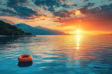 Poster - Breathtaking sunset reflecting over tranquil waters beside a lush green island in a serene coastal landscape during late evening hours
