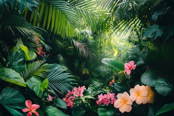 Poster - Vibrant tropical garden filled with colorful flowers and lush greenery in a serene forest setting at dawn