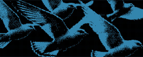 Aufkleber - Digital art depicting a flock of birds in flight against a dark background, showcasing abstract patterns and vibrant blue hues