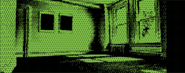 Poster - Surreal green-hued interior scene captures a vacant room filled with light and shadows at twilight