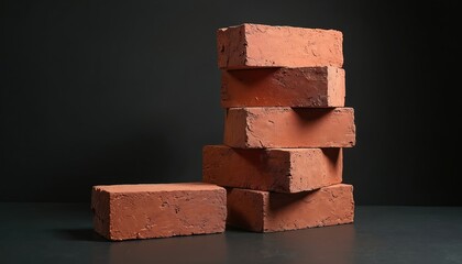 Poster - Stack of red clay bricks against black background. Construction material, building element for design. Texture, rough, hard, heavy, solid rectangular blocks of masonry. Foundation wall for house