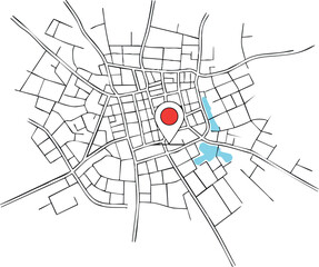 Wall Mural - city map with red location pin and blue water bodies vector illustration