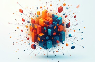 Aufkleber - Illustration of exploding cube data network in blue, orange on white background. Tech structure, modern pattern with digital connections, information flow. Innovation, communication for web design.
