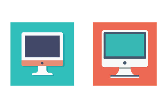 Flat design illustration of two computer monitor displays with contrasting screen colors and background