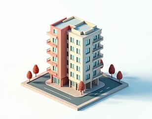 Aufkleber - Isometric 3D model building in urban area, housing real estate concept. Residential house, apartments, office building design. Illustration, commercial property, finance, construction, sale, rental