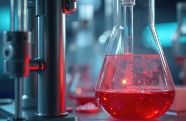 Poster - Bioreactor stirring red culture, microbiology science research lab. Sterile flask containing red liquid mixed, experiment in progress. Biotechnological process, industrial pharmaceutical