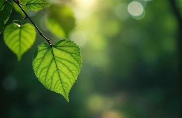 Poster - Close-up shot of vibrant green leaf. Leaf vein structure, texture, illuminated by sunlight. Blurred background with bokeh effect. Nature eco concept, forest detail. Beautiful backdrop.