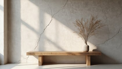 Poster - Minimalist interior design with wooden bench against textured, cracked stucco wall. Contemporary living space aesthetic with natural light, decor. Rustic, vintage look evokes feelings of calm,