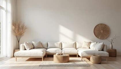 Poster - Scandinavian interior design. Modern living room featuring a sectional sofa with pillows a wooden coffee table with decor. Soft natural light from window. White wall decor. Home apartment.