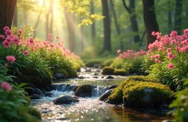 Poster - Scenic forest stream with pink flowers. Sun light through trees, creating serene, peaceful atmosphere. Springtime, nature eco scene ideal for travel eco-friendly projects. Clear water, mossy stones,