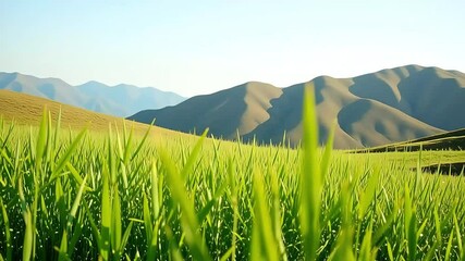 a close up view of green grass blades with mountains and sky in the background outdoors