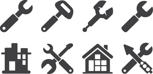 Illustration showing various black and white construction and repair related icons set on white