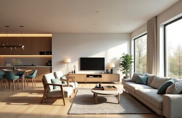 Aufkleber - Modern living room with dining area kitchen. Cozy armchairs couch next to TV on shelf. Minimalist interior design. Big window with natural light. Elegant style home.