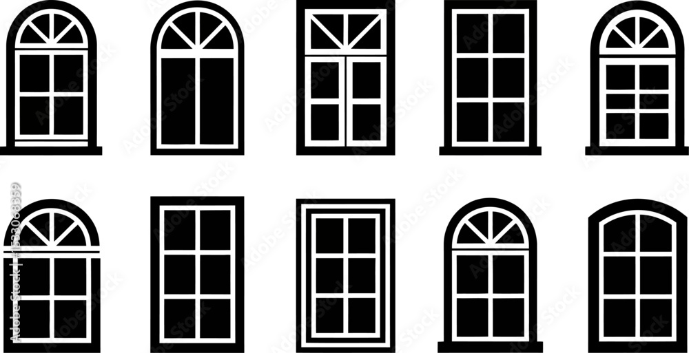 Ten black and white window icons in two rows with various shapes and ...