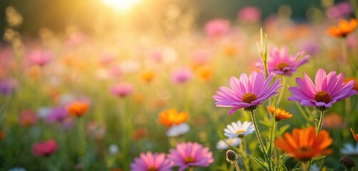 Poster - Vibrant flower meadow with sunbeams, bokeh lights. Colorful wildflowers bloom in summer. Natural beauty, spring concept, greeting card, wallpaper, floral background with copy space, perfect for eco,