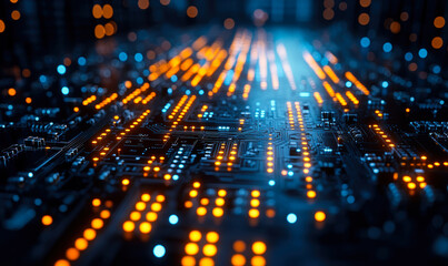 Poster - Close-up of futuristic electronic circuit board with glowing orange and blue lights illustrating digital technology and data transfer in computer hardware systems
