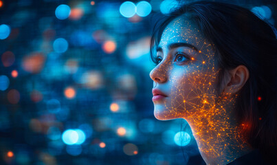 Poster - Profile of young woman with glowing digital network connections on face symbolizing artificial intelligence and futuristic technology concept