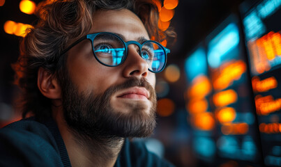 Poster - Focused young man with glasses analyzing digital financial data on multiple vibrant screens in a dimly lit room for investment or stock market insight