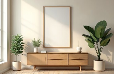Aufkleber - Living room interior design with blank poster frame mockup. Empty picture frame above wooden console table, green plants in pots near window. Minimalist home decor with sunlight and shadows.
