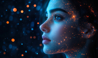 Poster - Profile of young woman with digital glowing particles and bokeh lights representing futuristic AI technology and virtual connectivity in dark background